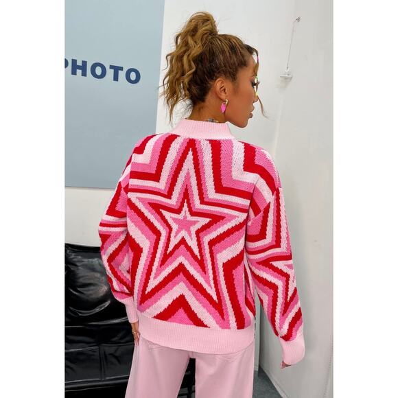 SHEIN Pink Red White Star Sweater Size Medium - Picture 2 of 9